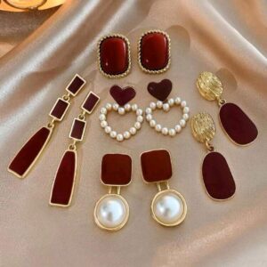5pcs/set retro square & heart shape dripping oil pearl earrings
