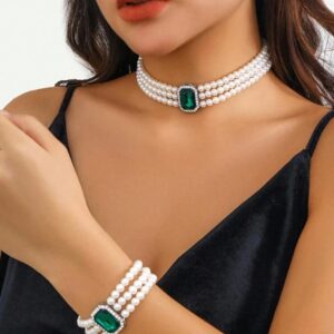 4pcs set of luxurious fashionable crystal inlaid multi layer faux pearl bead necklace & bracelet, gemstone earring, elegant bridal jewelry set for women