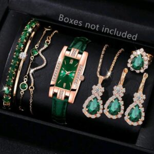 9pcs luxury green women’s watch jewelry set – rectangular dial quartz watch with matching bracelet, necklace & earrings