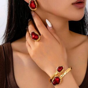 3pcs vintage elegant jewelry set – asymmetric faux pearl metal ring, cross pattern gold & red bracelet with matching earrings